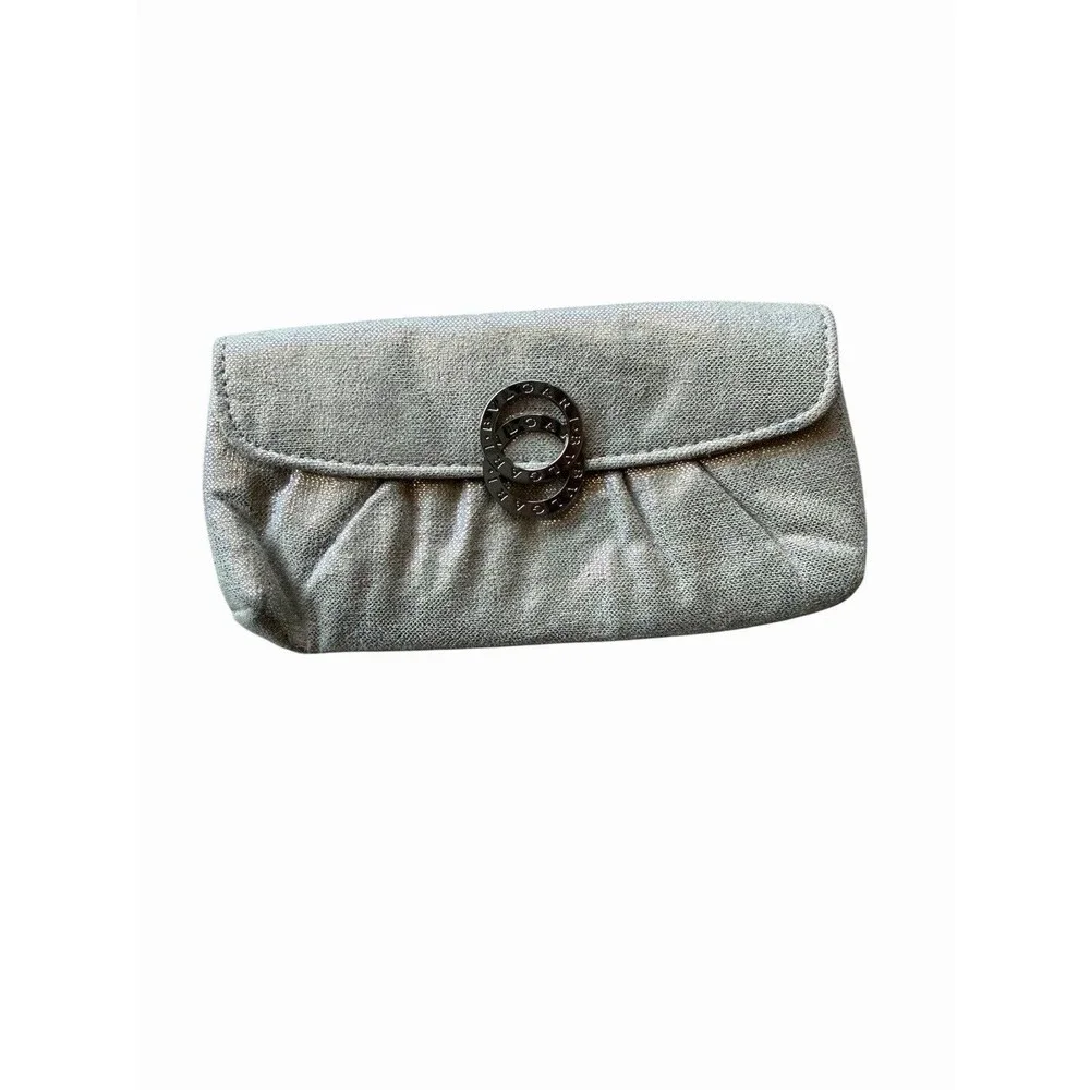Authentic Bvlgari Parfums Silver Mini Clutch Pouch Cosmetic Bag Dual Ring Logo
